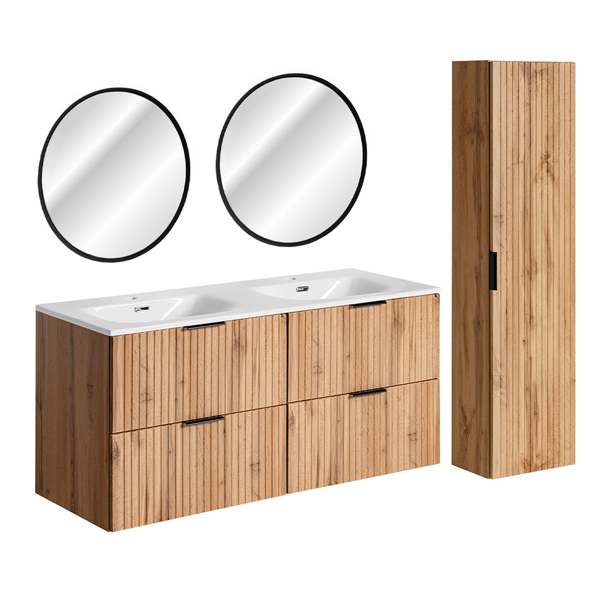 Ensemble meuble double vasque encastrée 120cm miroirs LED et colonne Adriel Bois - vue 2