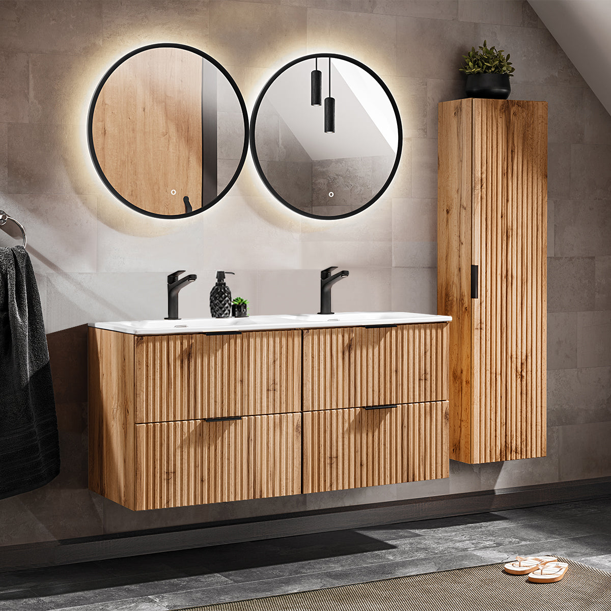 Ensemble meuble double vasque encastrée 120cm miroirs LED et colonne Adriel Bois