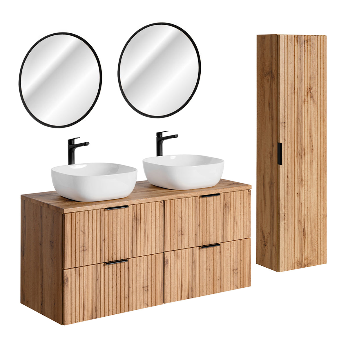 Ensemble meuble double vasque 120cm miroirs LED et colonne Adriel Bois - vue 2
