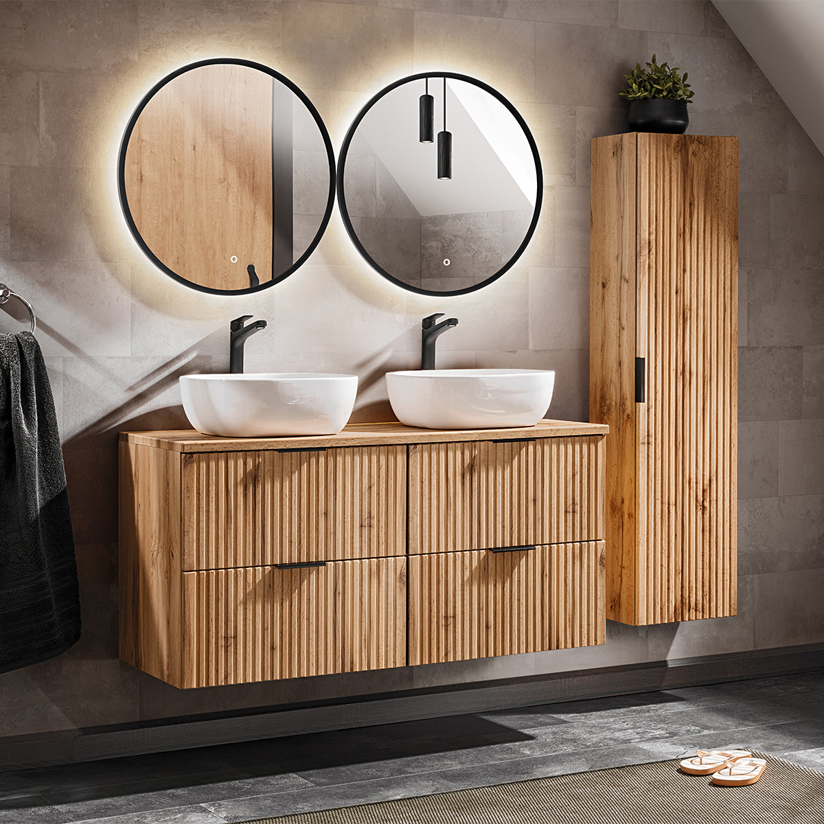 Ensemble meuble double vasque 120cm miroirs LED et colonne Adriel Bois