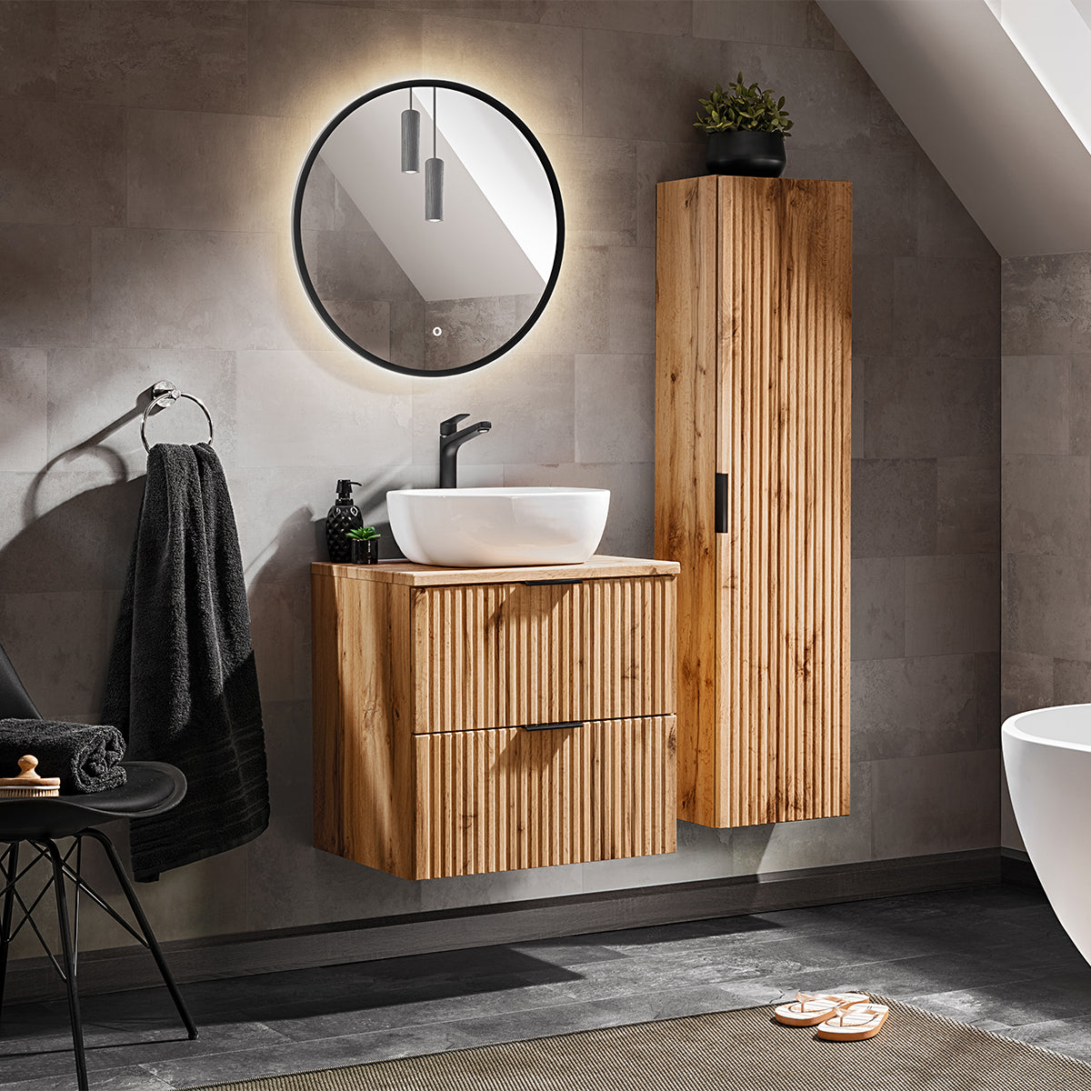 Ensemble meuble simple vasque 60cm miroir LED et colonne Adriel Bois