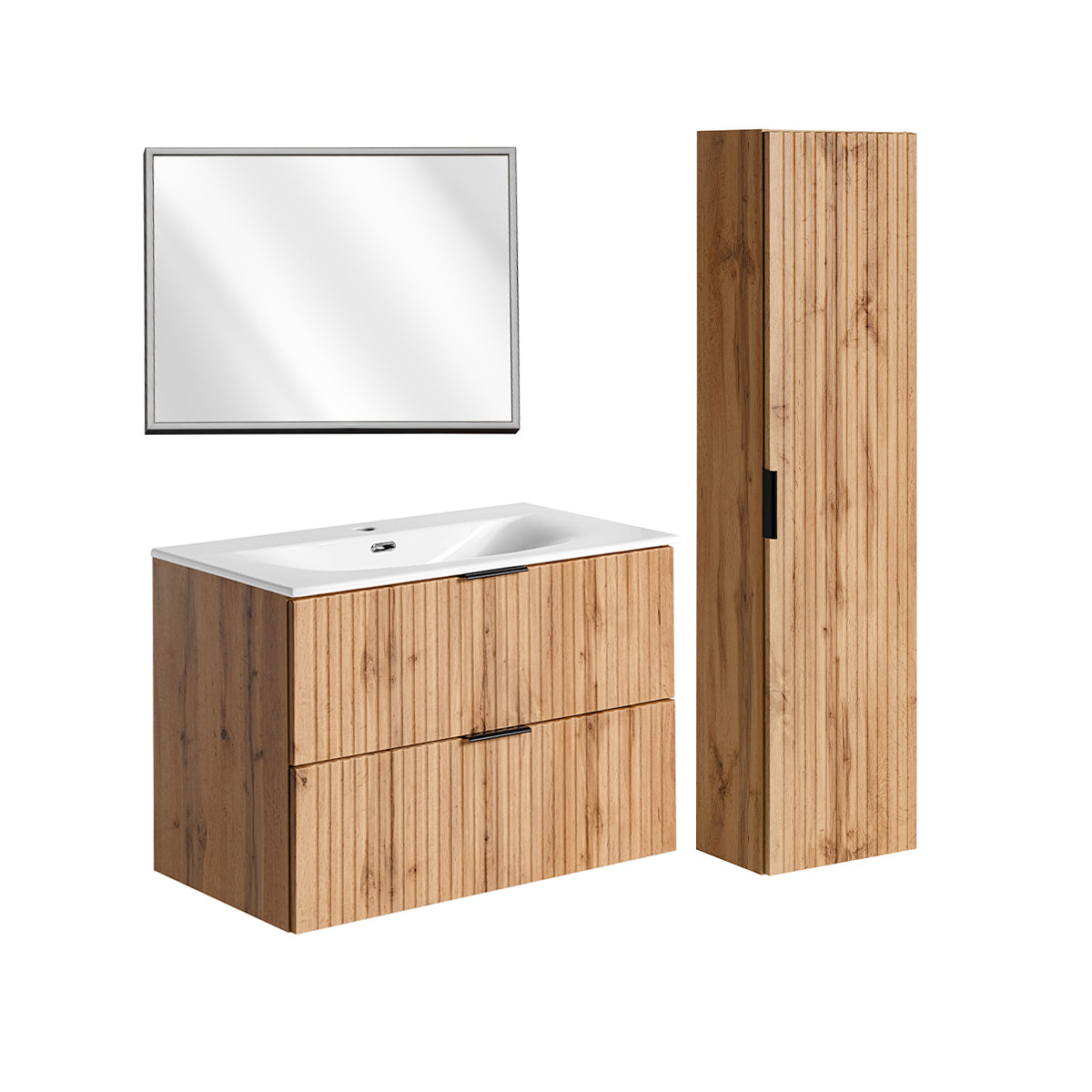 Ensemble meuble simple vasque encastrée 80cm miroir LED et colonne Adriel Bois - vue 2