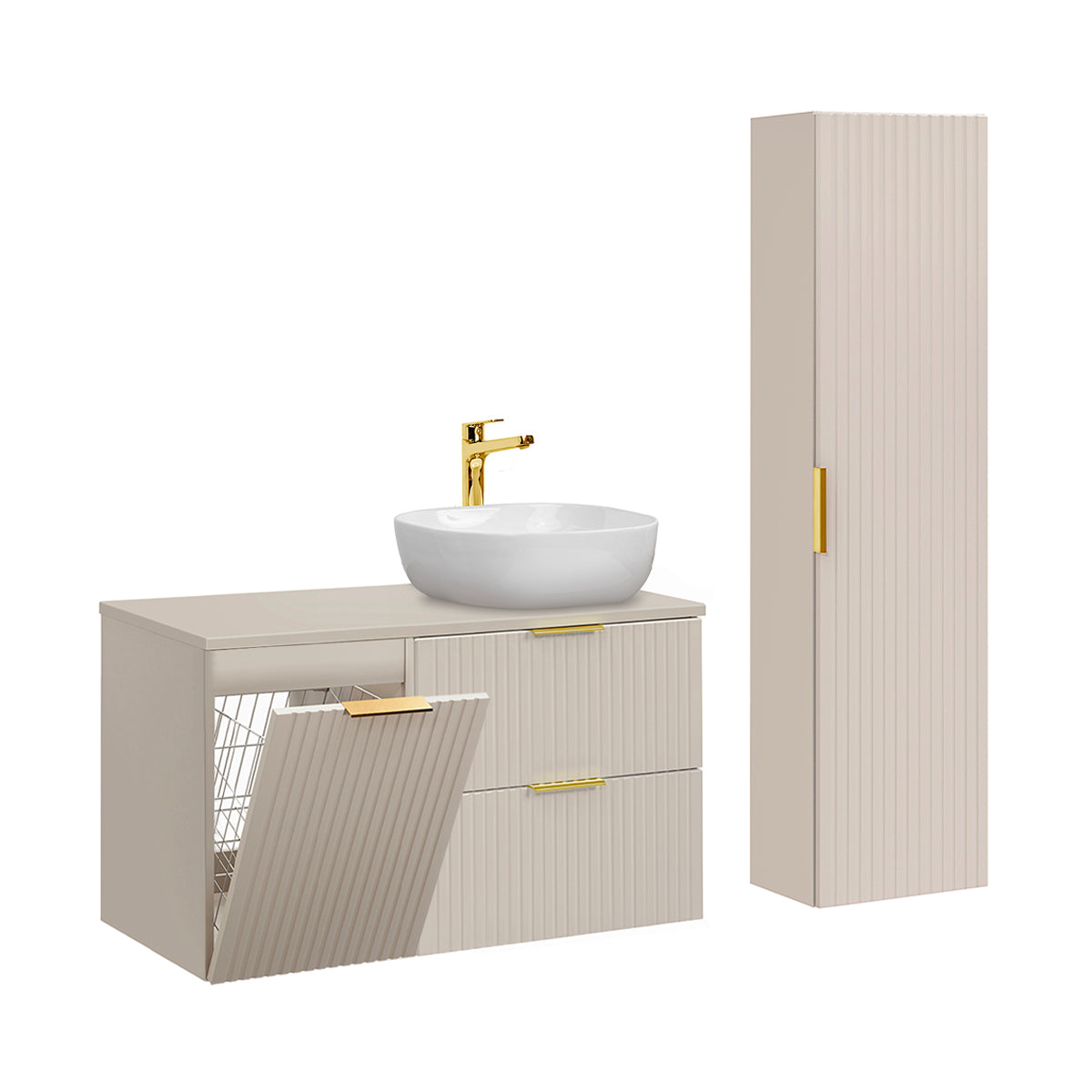 Ensemble meuble simple vasque 100cm panier à linge et colonne Adriel Cachemire - vue 2