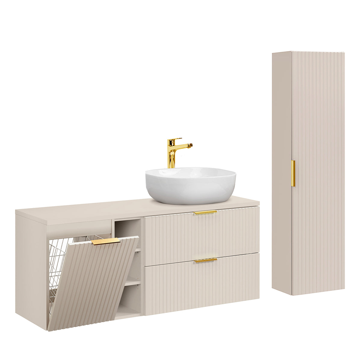 Ensemble meuble simple vasque 140cm 3 niches panier à linge et colonne Adriel Cachemire - vue 2