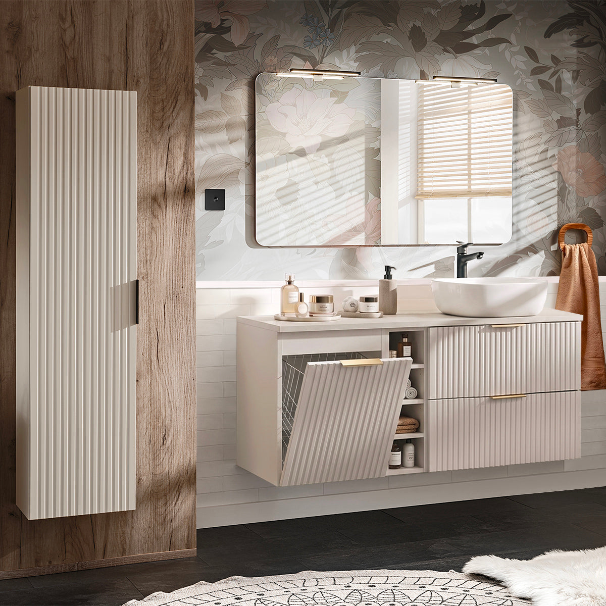 Ensemble meuble simple vasque 140cm 3 niches panier à linge et colonne Adriel Cachemire