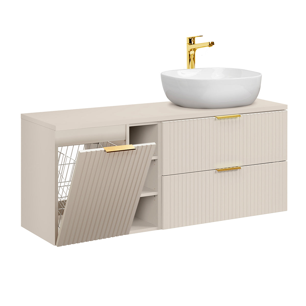 Meuble simple vasque 140cm 3 niches panier à linge Adriel Cachemire