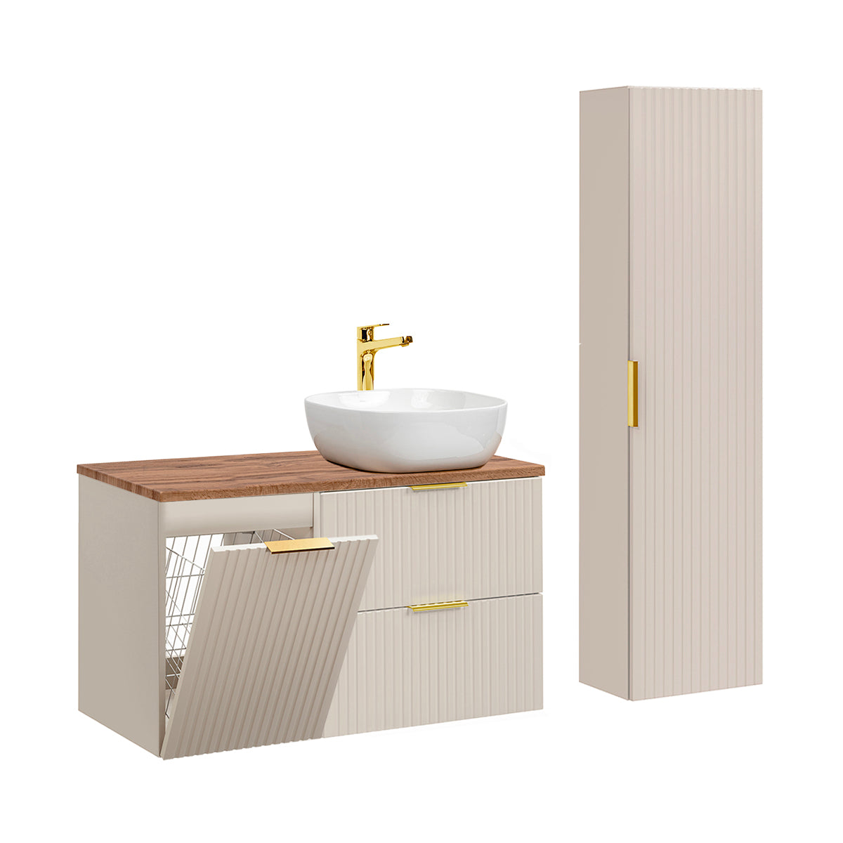 Ensemble meuble simple vasque 100cm panier à linge et colonne Adriel Cachemire et Bois - vue 2