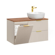 Meuble simple vasque 100cm panier à linge Adriel Cachemire et Bois