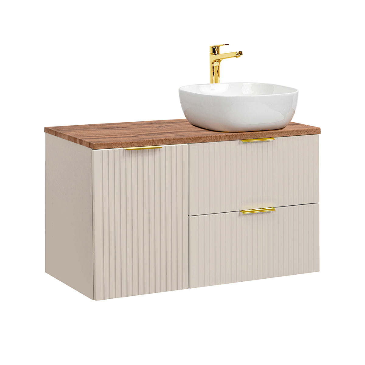 Meuble simple vasque 100cm panier à linge Adriel Cachemire et Bois - vue 2