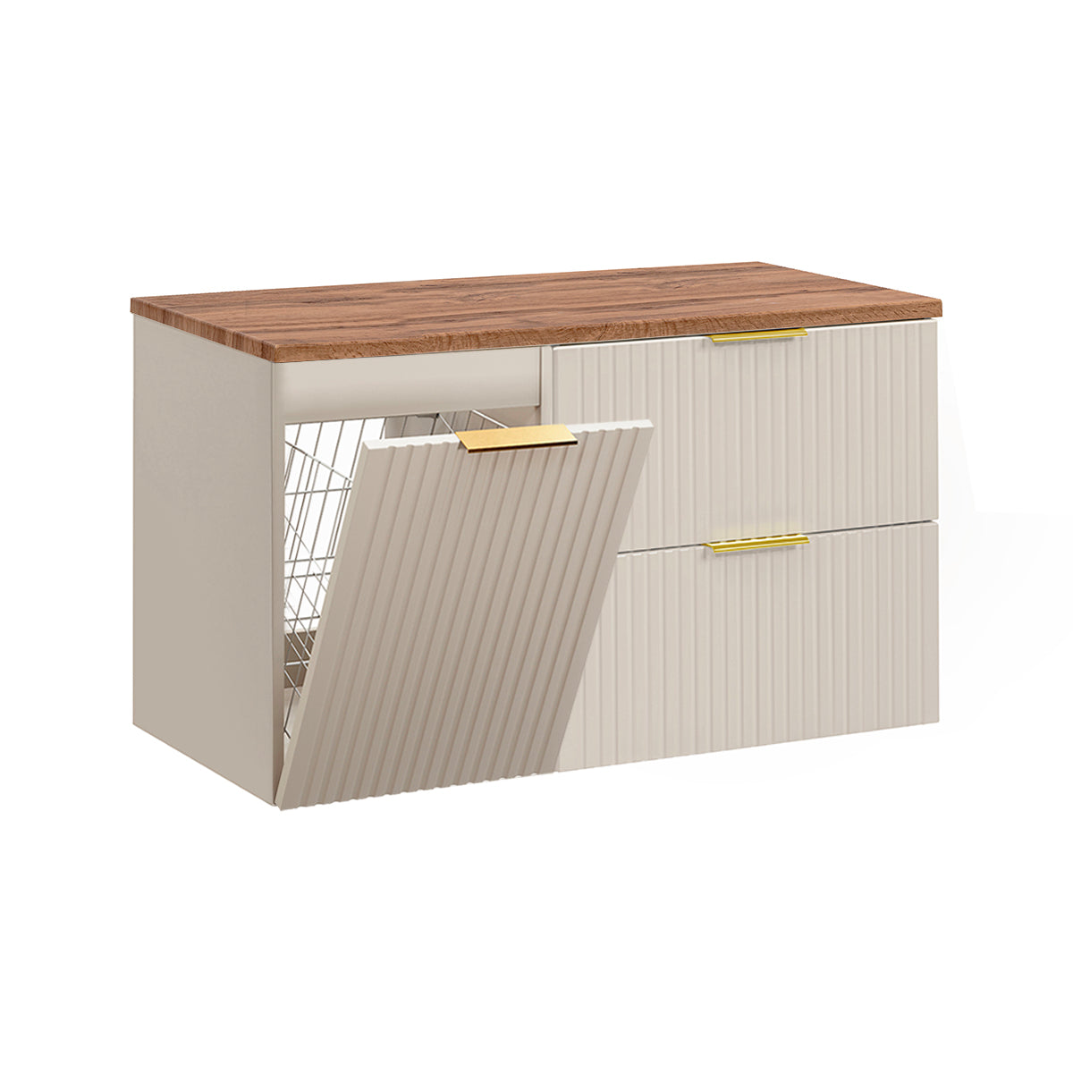 Meuble sous-vasque 100cm panier à linge Adriel Cachemire et Bois