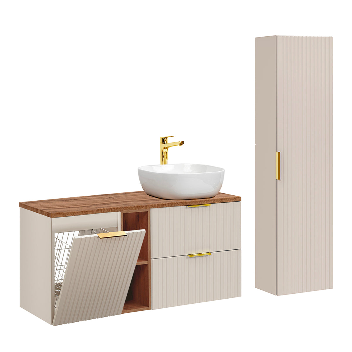 Ensemble meuble simple vasque 120cm 2 niches panier à linge et colonne Adriel Cachemire et Bois - vue 2