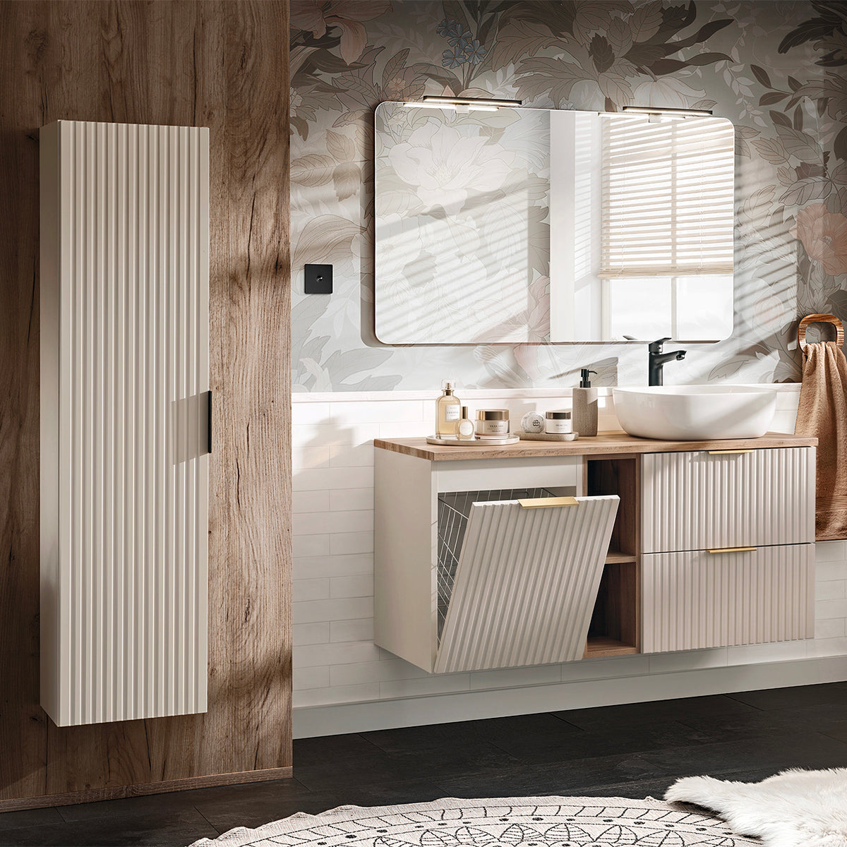 Ensemble meuble simple vasque 120cm 2 niches panier à linge et colonne Adriel Cachemire et Bois