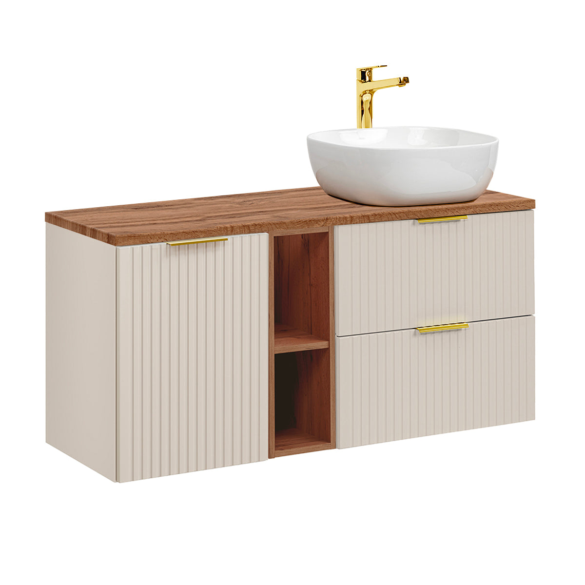 Ensemble meuble simple vasque 120cm 2 niches panier à linge et colonne Adriel Cachemire et Bois - vue 3