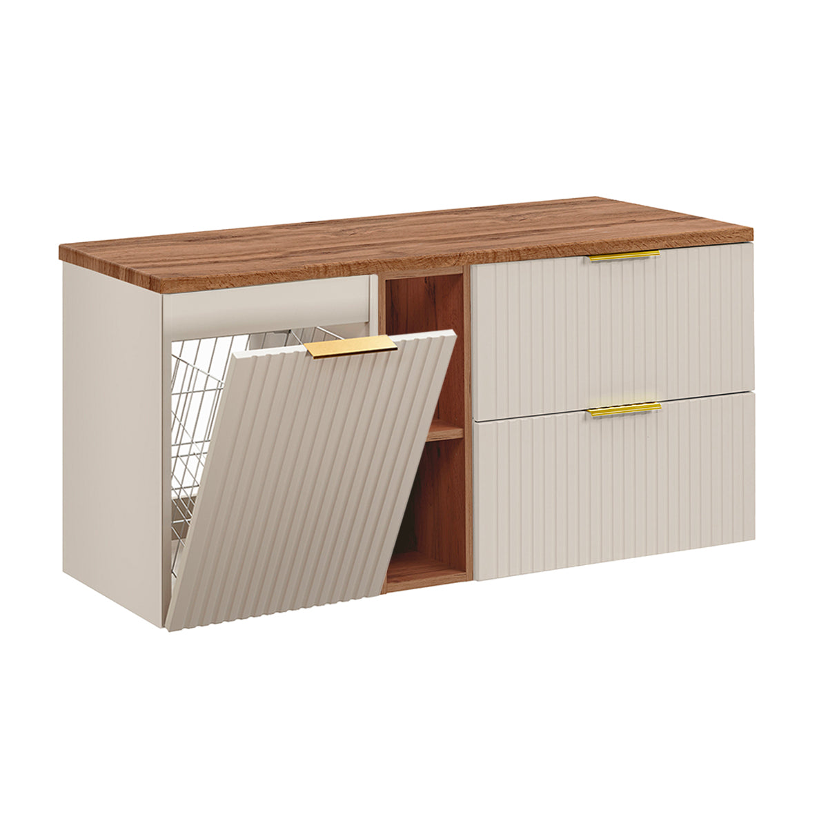 Meuble sous-vasque 120cm 2 niches panier à linge Adriel Cachemire et Bois