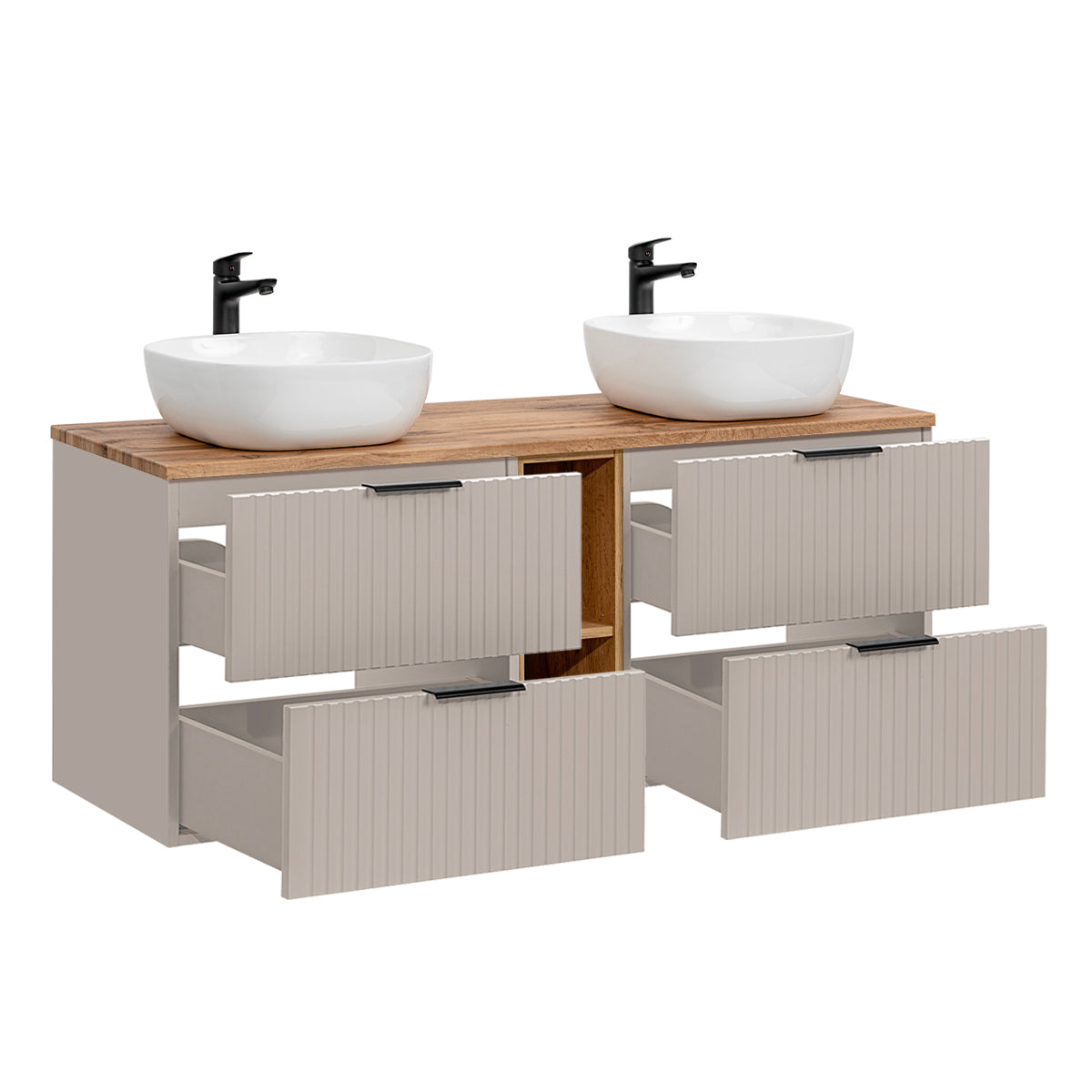 Ensemble meuble double vasque 140cm 2 niches et colonne Adriel Cachemire et Bois - vue 4