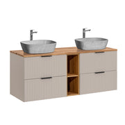 Meuble double vasque effet pierre 140cm 2 niches Adriel Cachemire et Bois