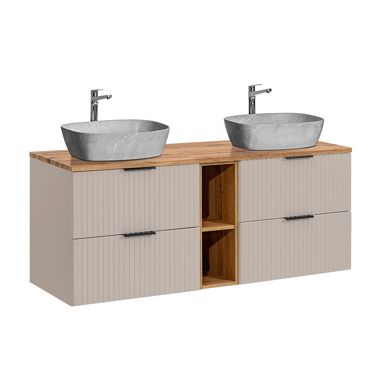 Meuble double vasque effet pierre 140cm 2 niches Adriel Cachemire et Bois