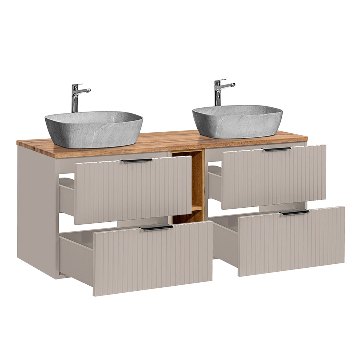 Ensemble meuble double vasque 140cm 2 niches et colonne Adriel Cachemire Bois et effet Pierre - vue 4