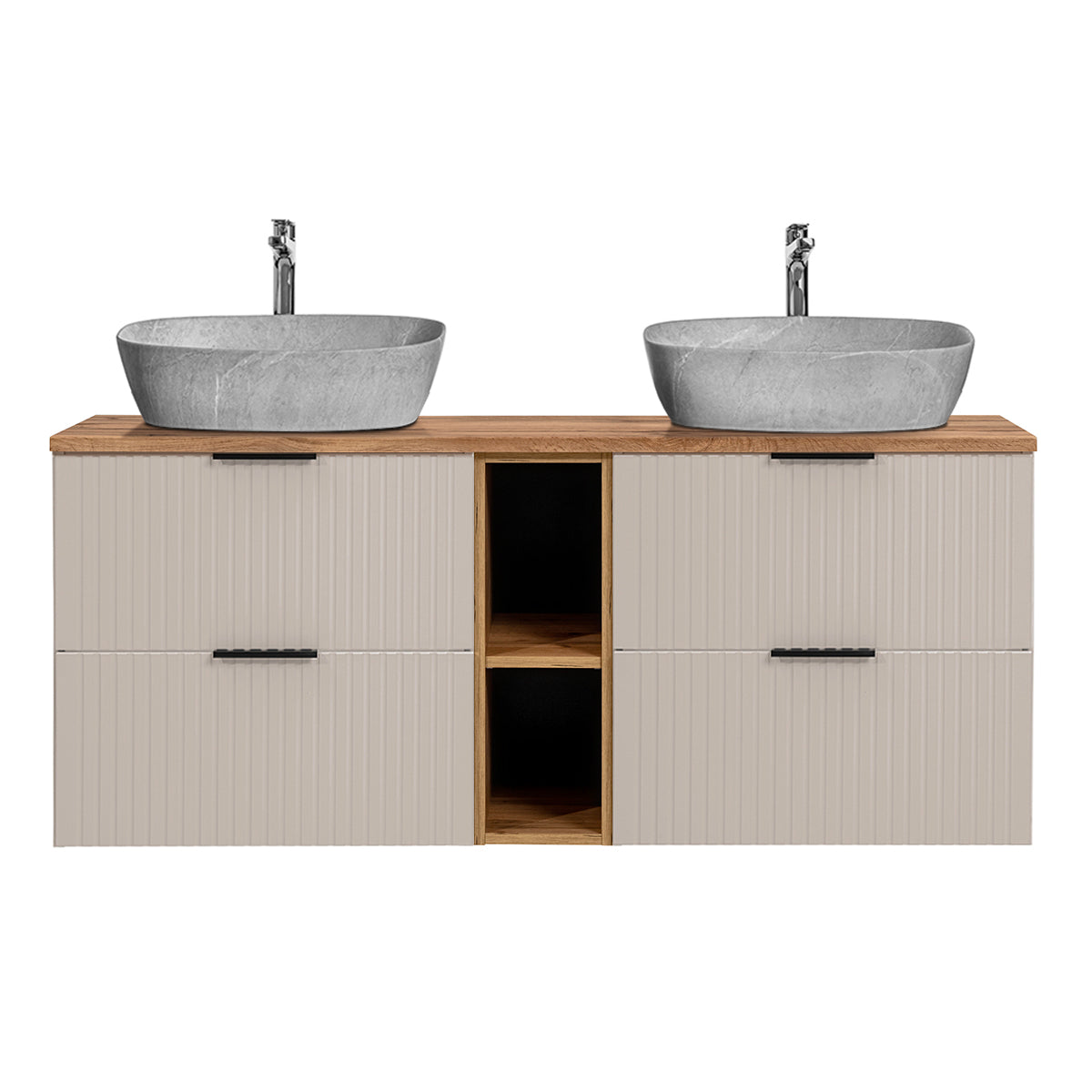 Meuble double vasque effet pierre 140cm 2 niches Adriel Cachemire et Bois - vue 3