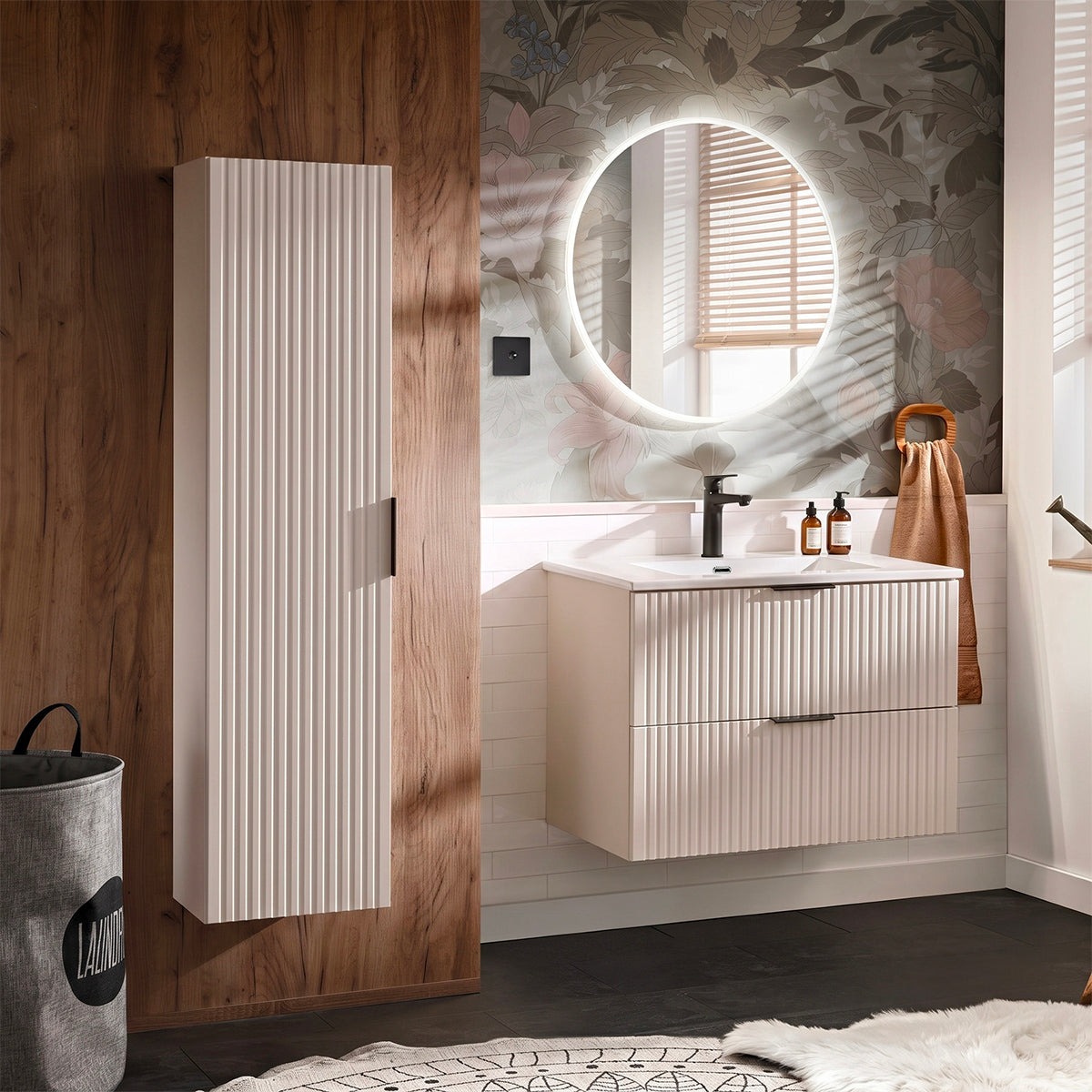 Ensemble meuble simple vasque encastrée 80cm et colonne Adriel Cachemire