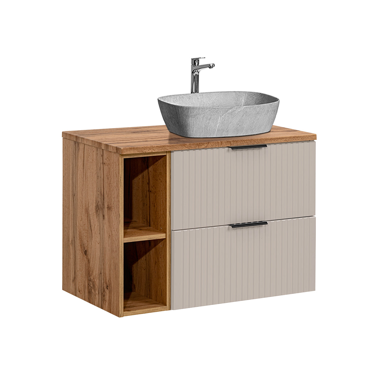 Ensemble meuble simple vasque 80cm 2 niches et colonne Adriel Cachemire Bois et effet Pierre - vue 3