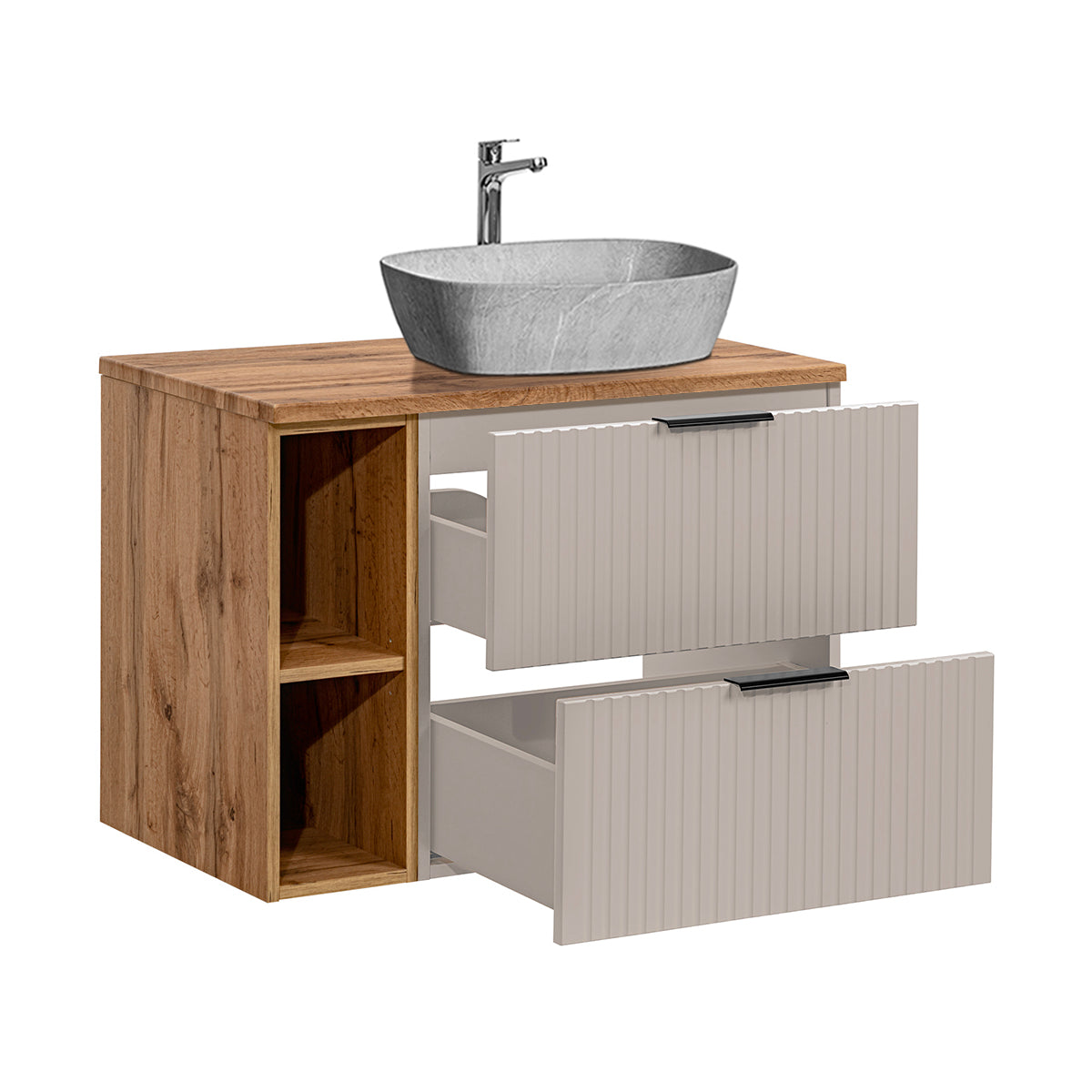 Meuble simple vasque effet pierre 80cm 2 niches Adriel Cachemire et Bois - vue 2