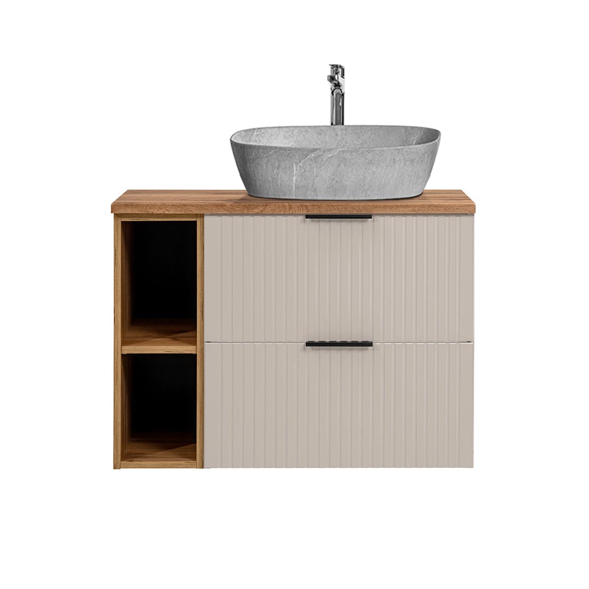 Meuble simple vasque effet pierre 80cm 2 niches Adriel Cachemire et Bois - vue 3
