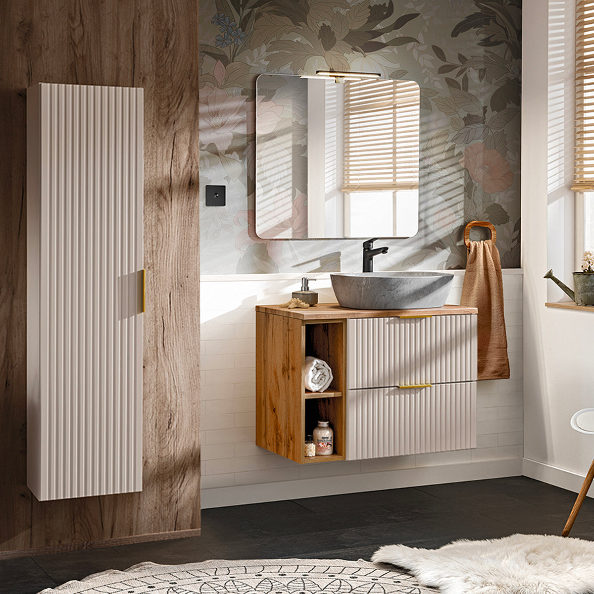 Meuble simple vasque effet pierre 80cm 2 niches Adriel Cachemire et Bois - vue 4