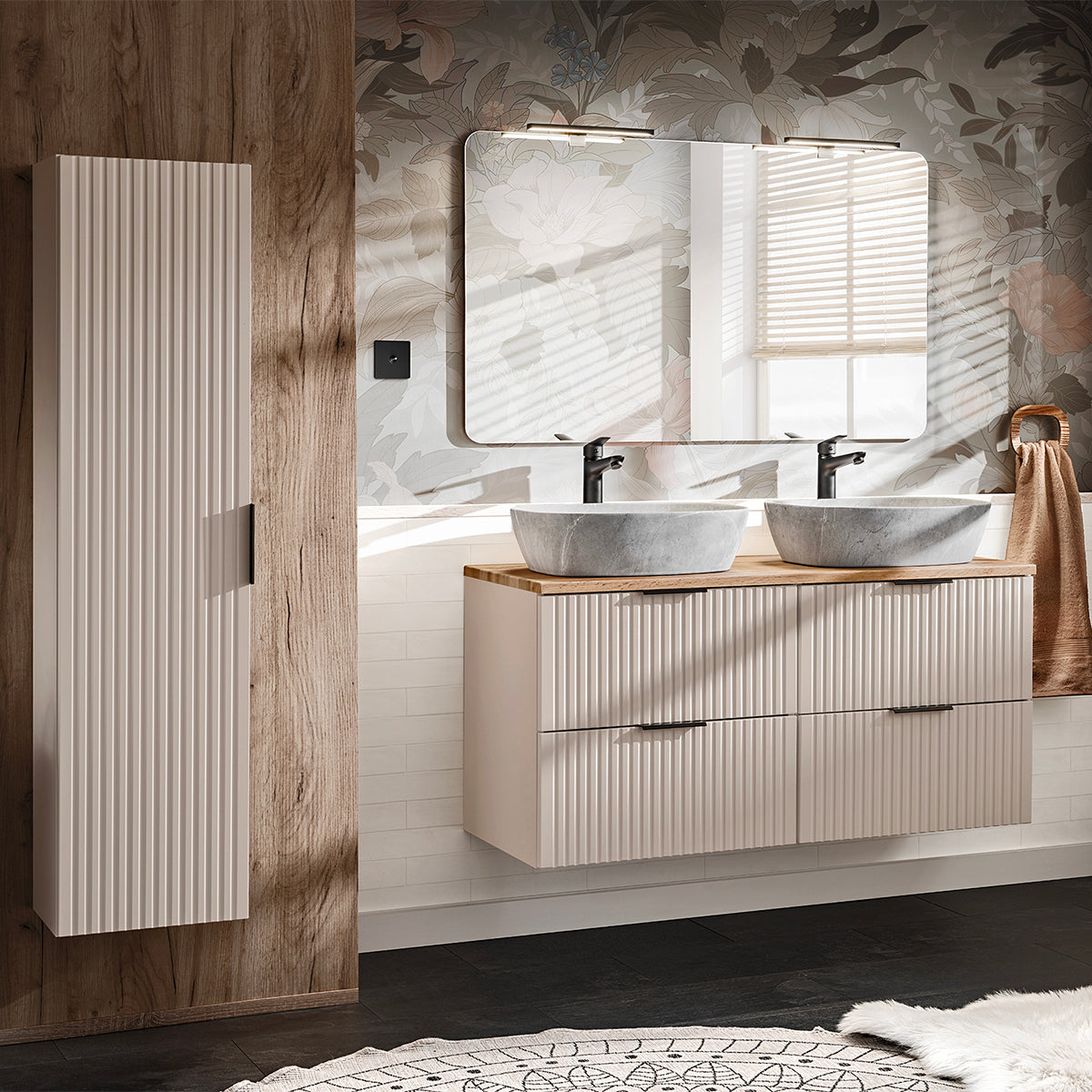 Meuble double vasque effet pierre 120cm Adriel Cachemire et Bois - vue 4