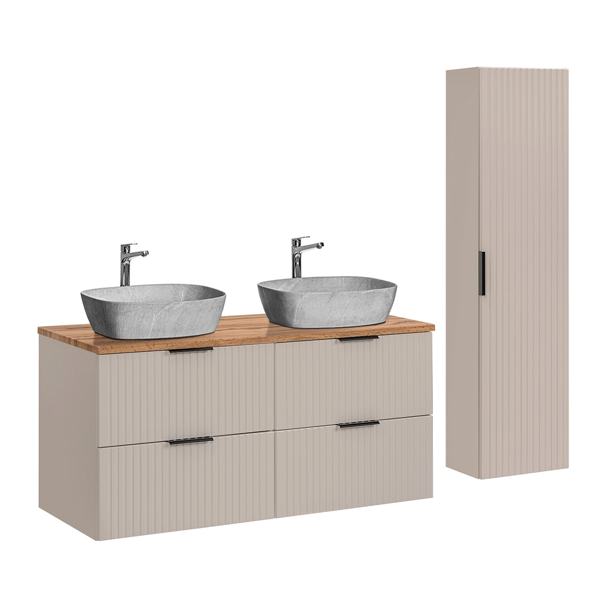 Ensemble meuble double vasque 120cm et colonne Adriel Cachemire Bois et effet Pierre - vue 2
