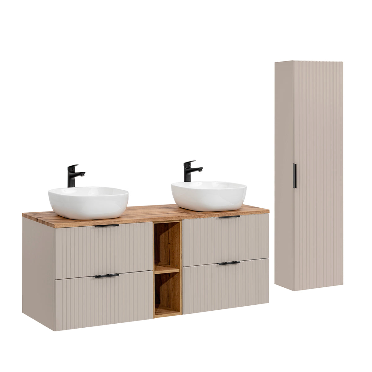 Ensemble meuble double vasque 140cm 2 niches et colonne Adriel Cachemire et Bois - vue 2