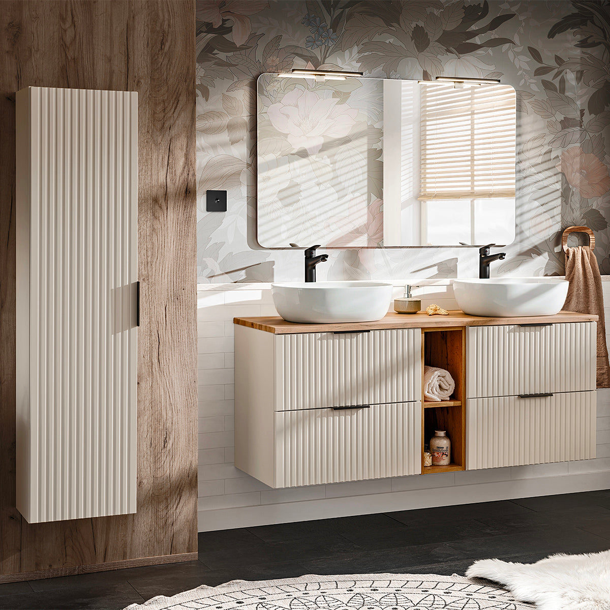 Ensemble meuble double vasque 140cm 2 niches et colonne Adriel Cachemire et Bois