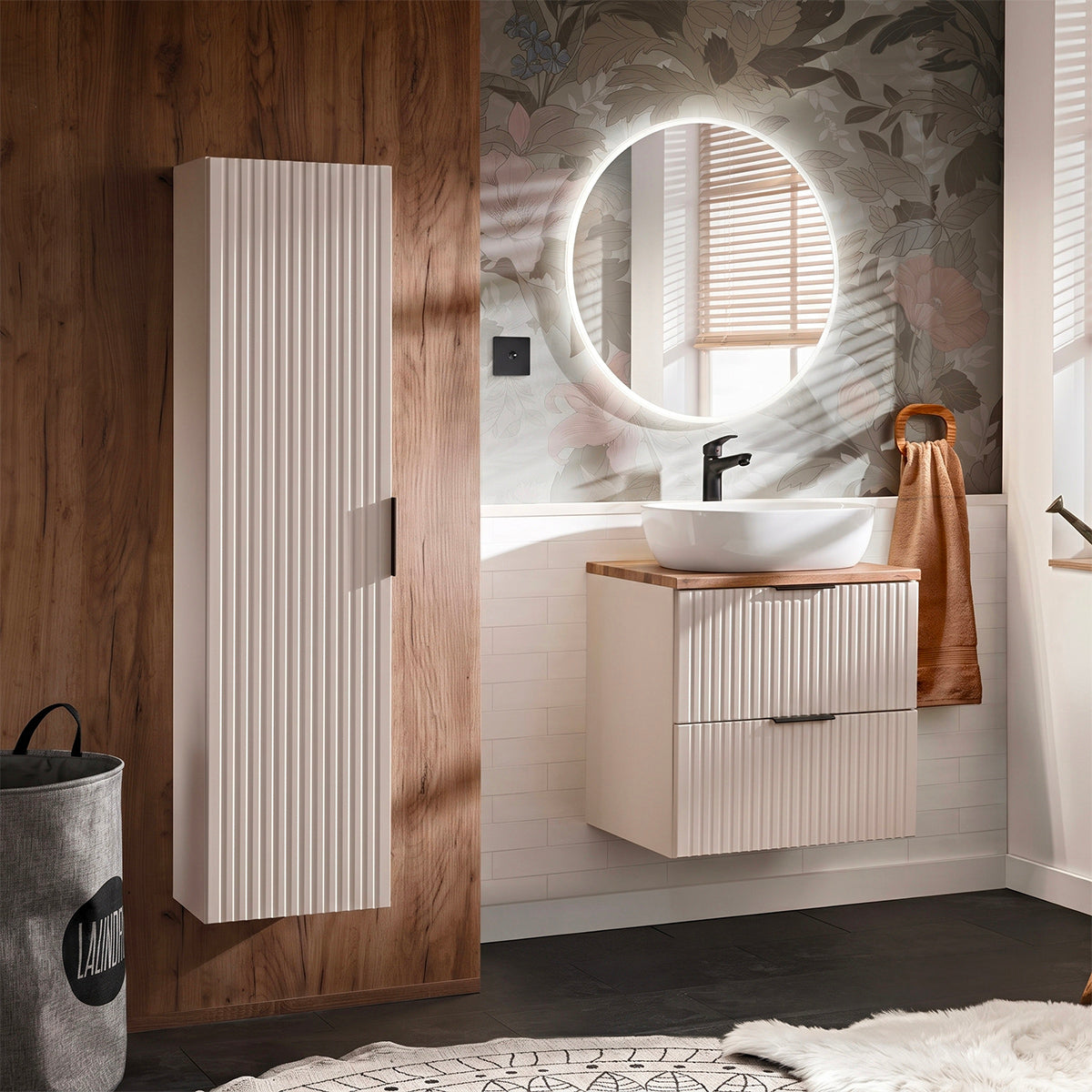 Ensemble meuble simple vasque 60cm et colonne Adriel Cachemire et Bois