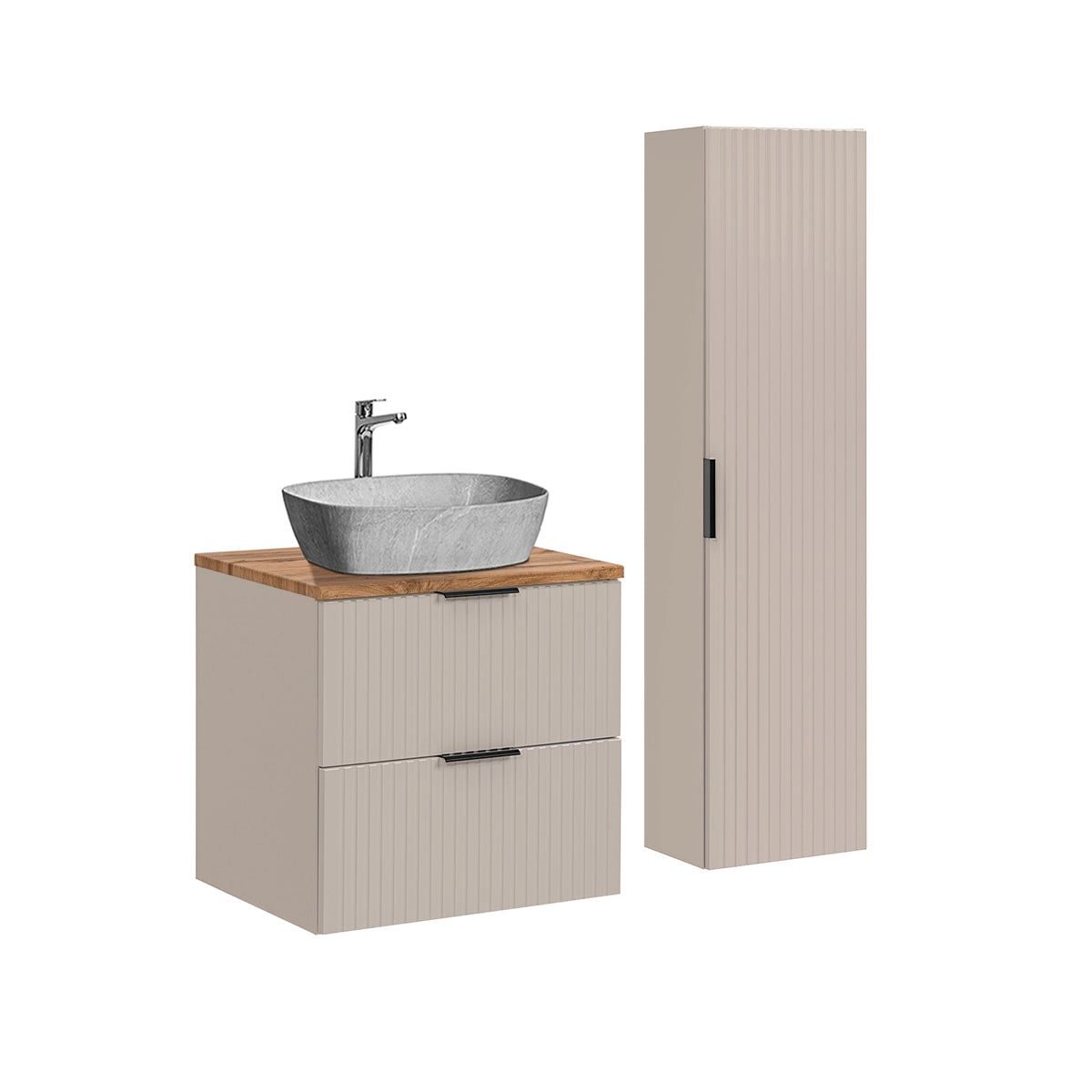 Ensemble meuble simple vasque 60cm et colonne Adriel Cachemire Bois et effet Pierre - vue 2