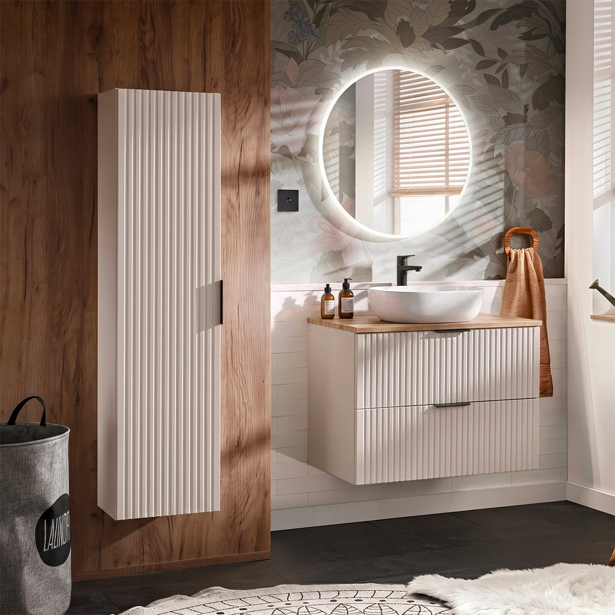 Ensemble meuble simple vasque 80cm et colonne Adriel Cachemire et Bois