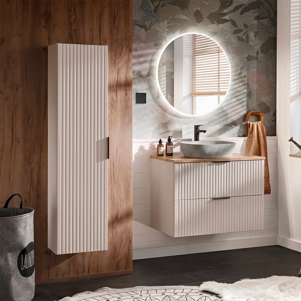 Ensemble meuble simple vasque 80cm et colonne Adriel Cachemire Bois et effet Pierre