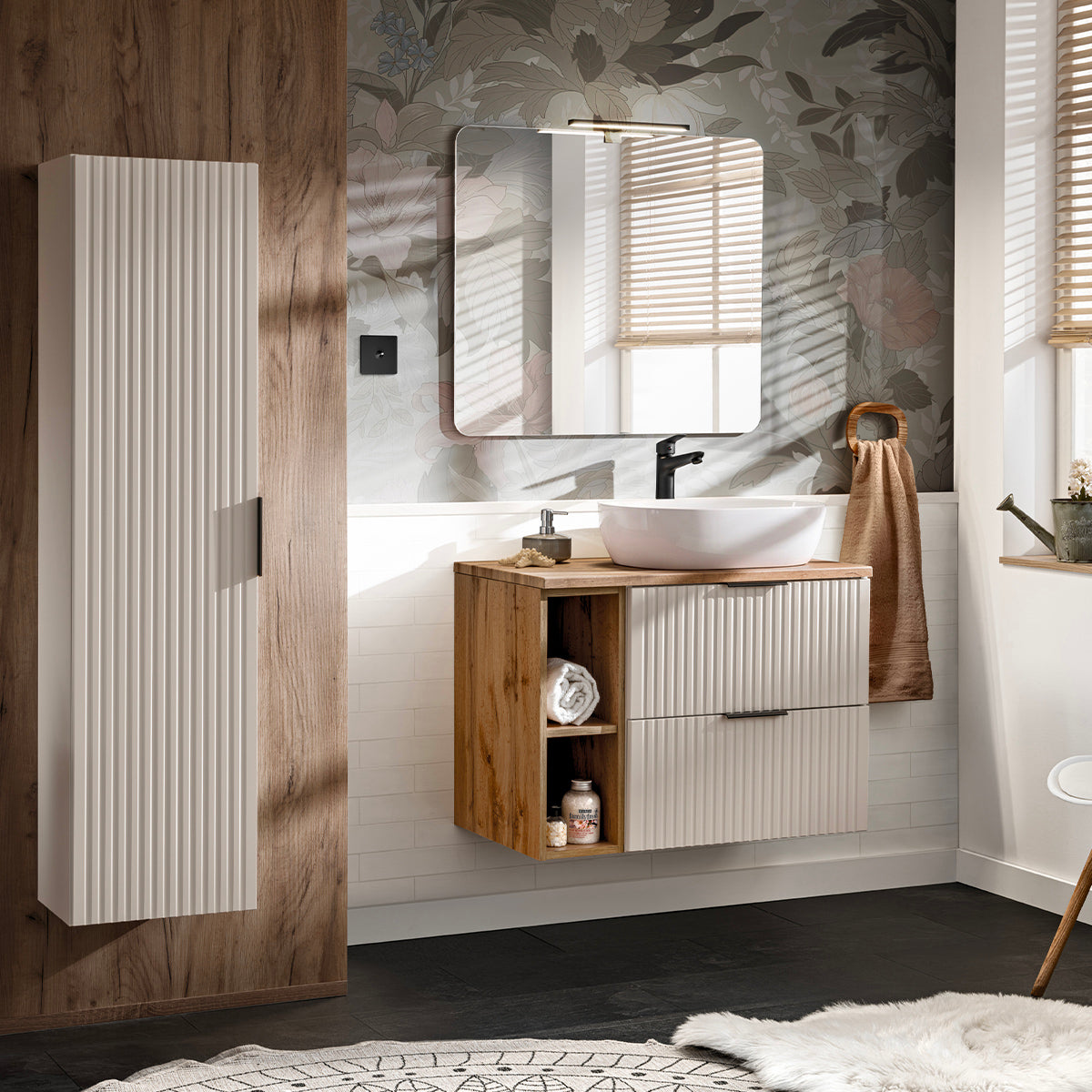 Ensemble meuble simple vasque 80cm 2 niches et colonne Adriel Cachemire et Bois