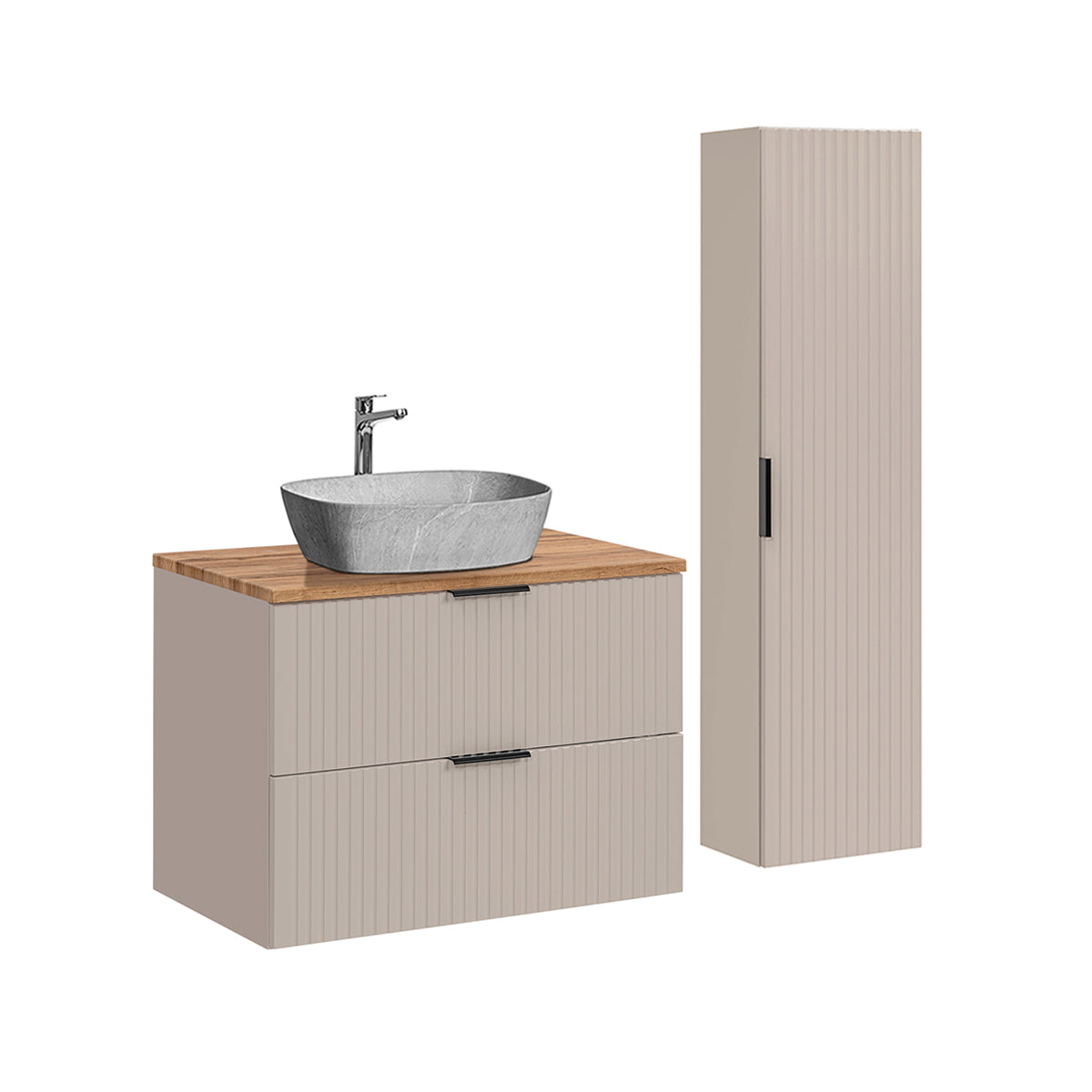 Ensemble meuble simple vasque 80cm et colonne Adriel Cachemire Bois et effet Pierre - vue 2