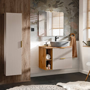 Ensemble meuble simple vasque 80cm 2 niches et colonne Adriel Cachemire Bois et effet Pierre