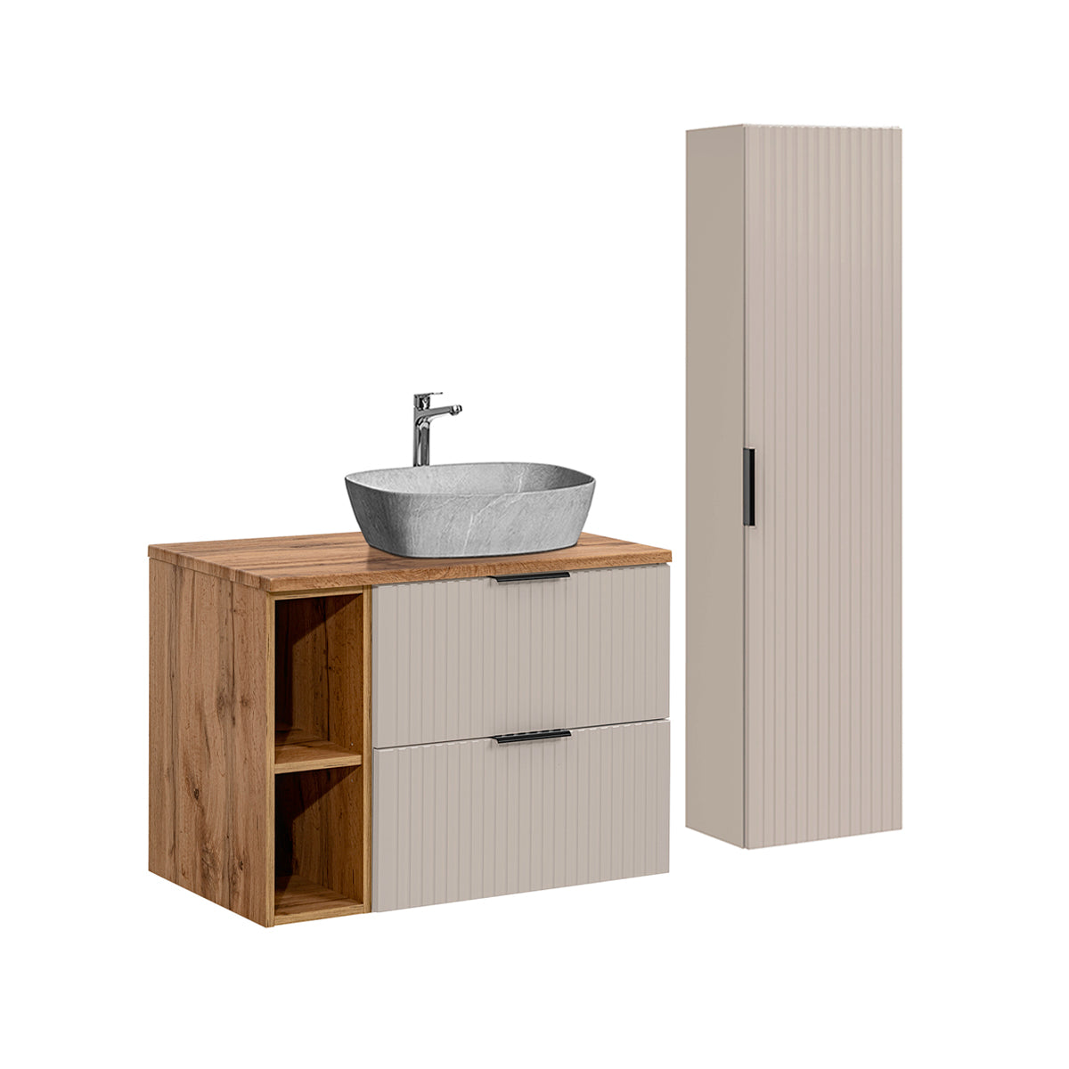 Ensemble meuble simple vasque 80cm 2 niches et colonne Adriel Cachemire Bois et effet Pierre - vue 2