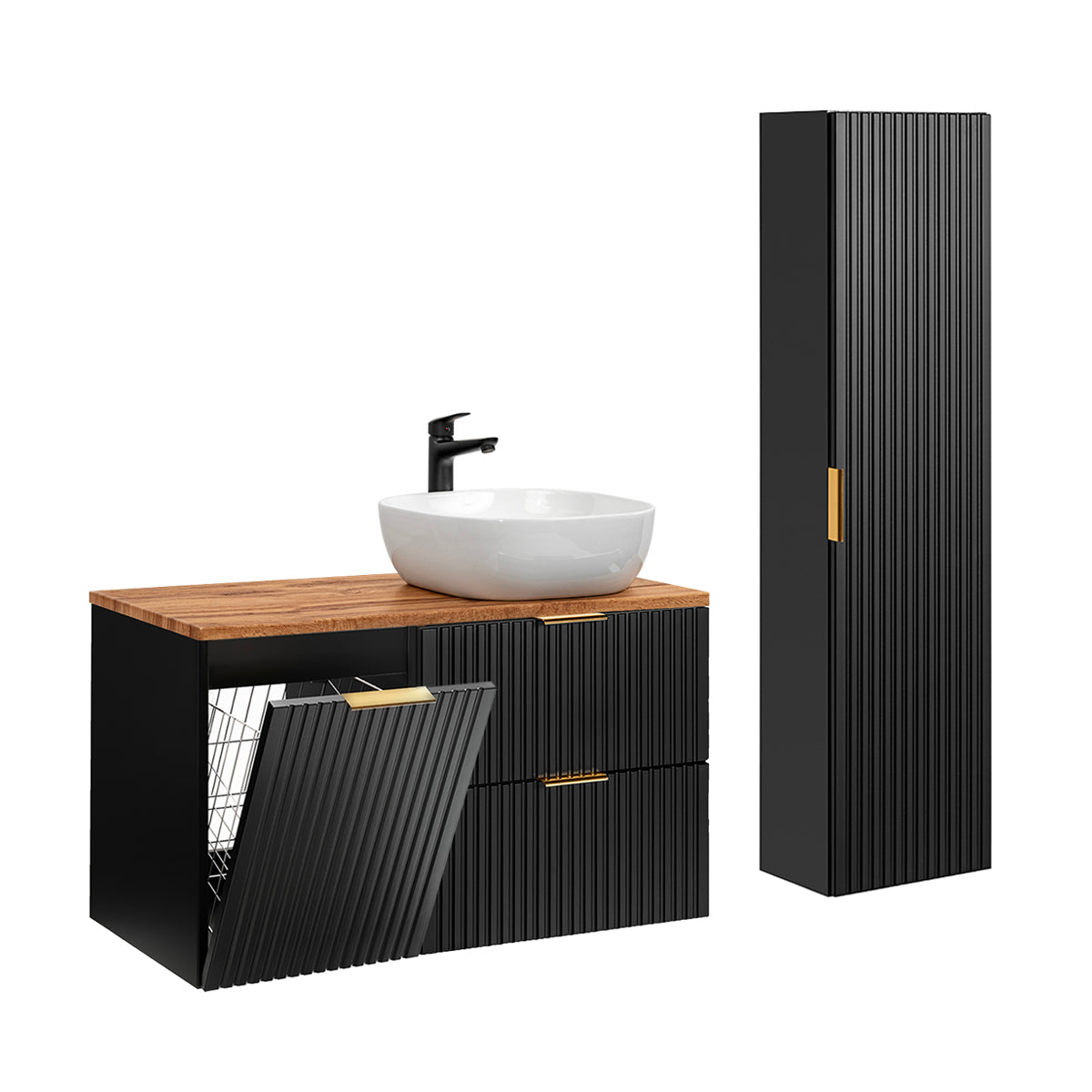 Ensemble meuble simple vasque 100cm panier à linge et colonne Adriel Noir et Bois - vue 2