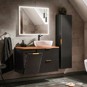 Ensemble meuble simple vasque 100cm panier à linge et colonne Adriel Noir et Bois