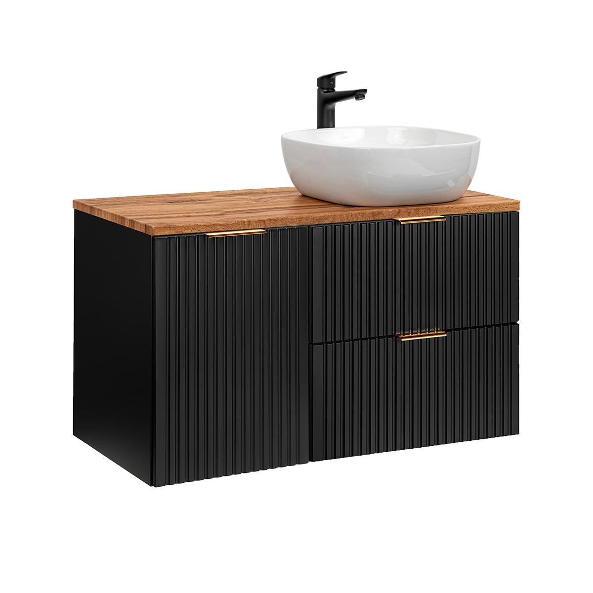Meuble simple vasque 100cm panier à linge Adriel Noir et Bois - vue 2