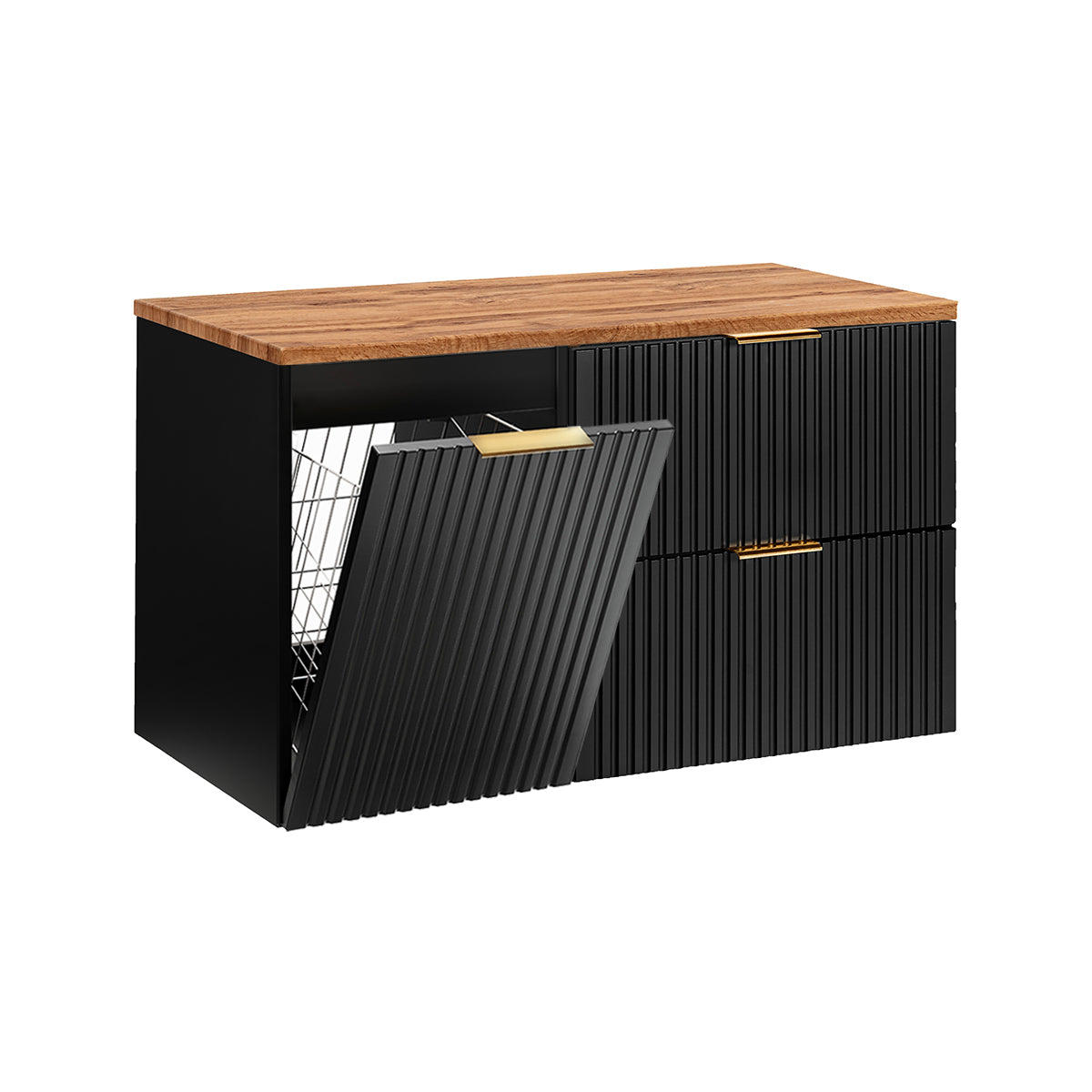 Meuble sous-vasque 100cm panier à linge Adriel Noir et Bois