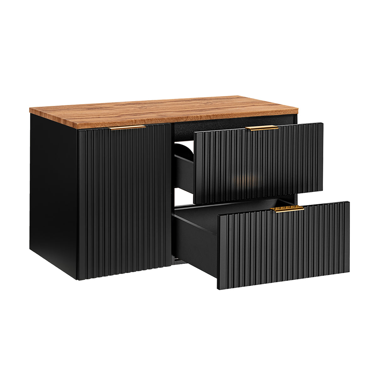 Meuble simple vasque 100cm panier à linge Adriel Noir et Bois - vue 3