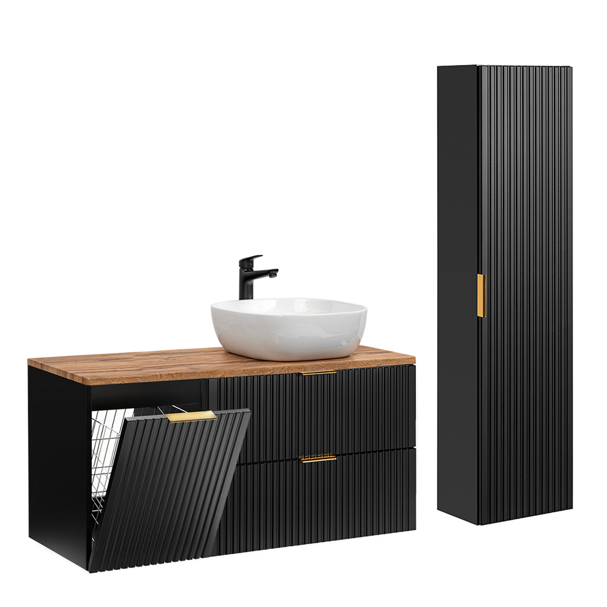 Ensemble meuble simple vasque 120cm panier à linge et colonne Adriel Noir et Bois - vue 2