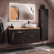 Ensemble meuble simple vasque 120cm panier à linge et colonne Adriel Noir et Bois