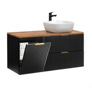 Meuble simple vasque 120cm panier à linge Adriel Noir et Bois