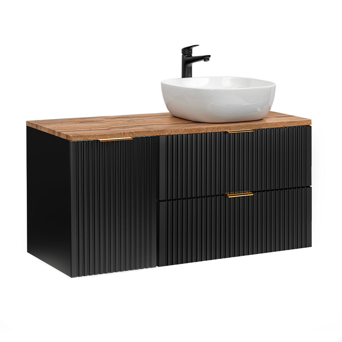 Ensemble meuble simple vasque 120cm panier à linge et colonne Adriel Noir et Bois - vue 3