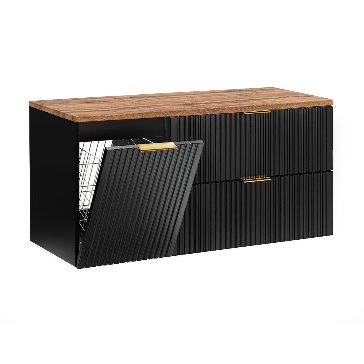 Meuble sous-vasque 120cm panier à linge Adriel Noir et Bois